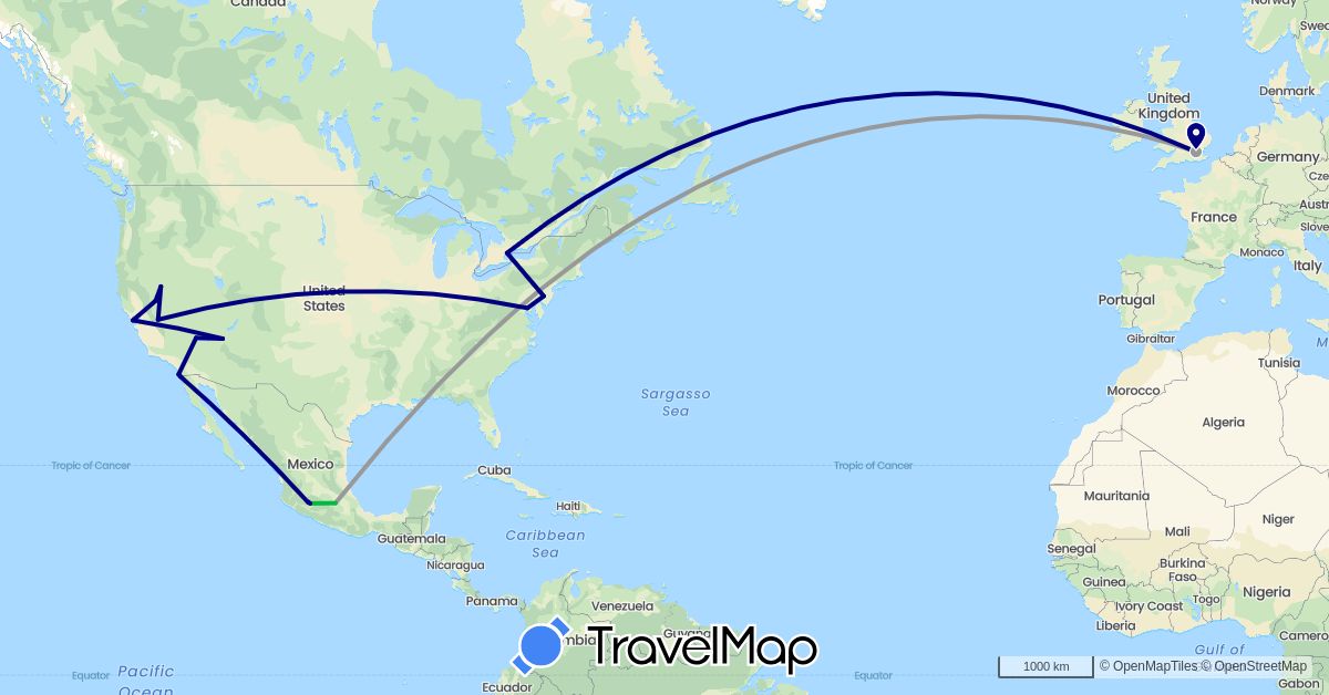 TravelMap itinerary: driving, bus, plane in Canada, United Kingdom, Mexico, United States (Europe, North America)